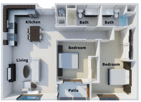 Floor plan for 2 beds, 2 baths, 1224 sqft